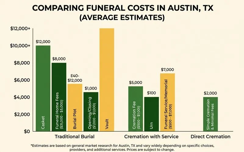 Bar chart comparing traditional burial, cremation with service, and direct cremation costs in Austin, TX