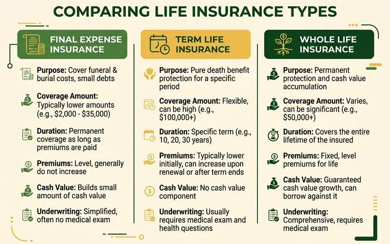 Infographic comparing final expense, term, and traditional whole life insurance