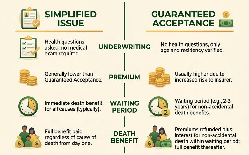 Side-by-side comparison of simplified issue and guaranteed acceptance burial insurance