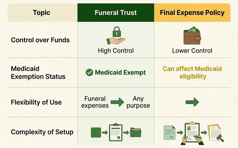 Comparison table of funeral trust vs. final expense policy across key dimensions