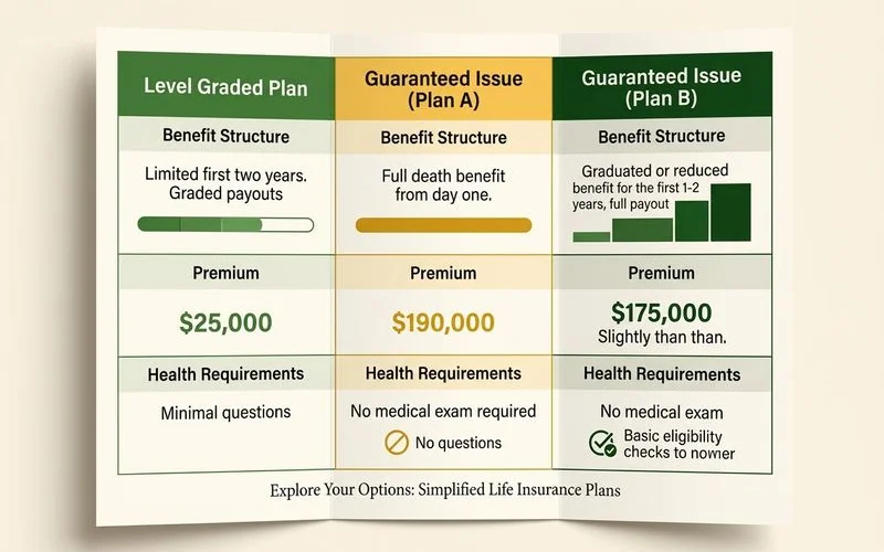 Three-column comparison table of level, graded, and guaranteed issue burial insurance