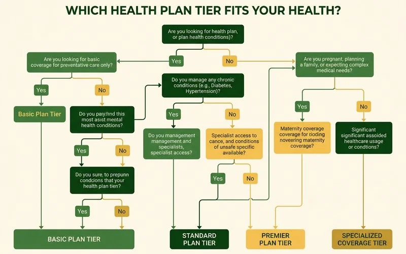 Decision flowchart matching health profile to the right plan tier
