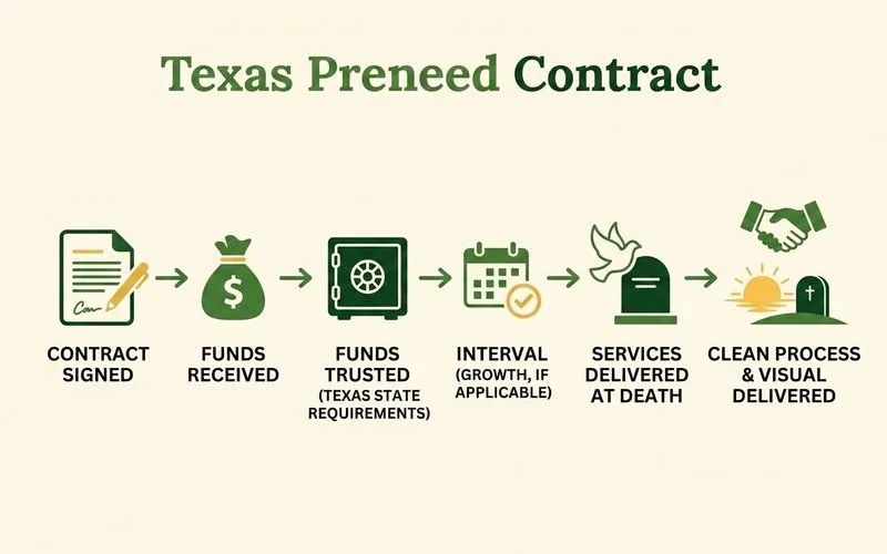 Diagram showing the Texas preneed contract flow from signing to service delivery