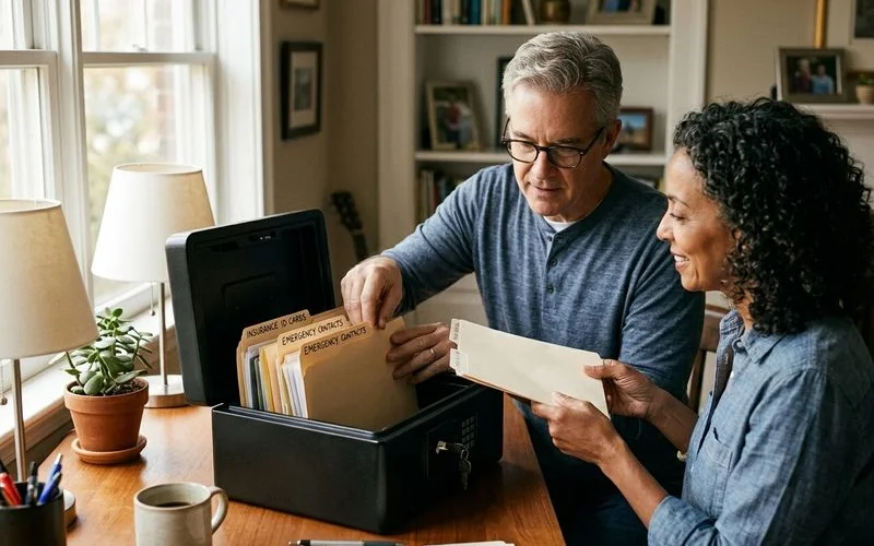 Hands organizing labeled document folders into a small fireproof safe at home