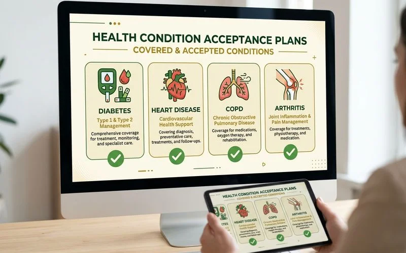 Infographic showing common pre-existing conditions and which burial insurance plans accept them