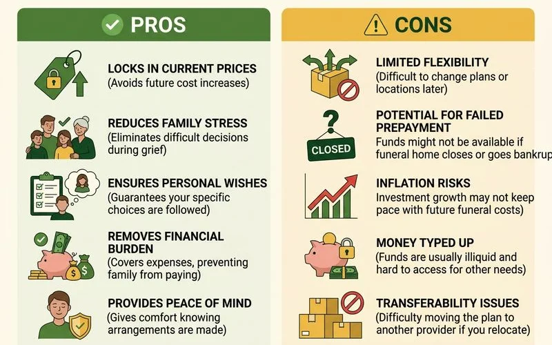 Two-column pros and cons graphic for prepaying a funeral home