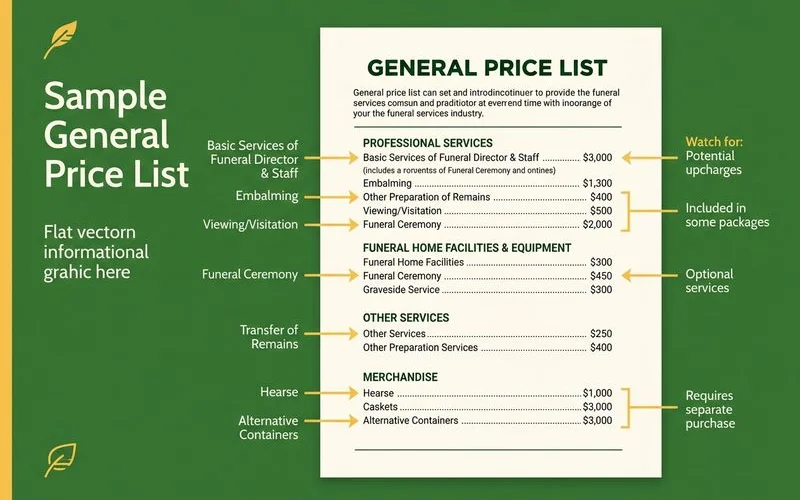 Sample General Price List annotated with the line items families should compare