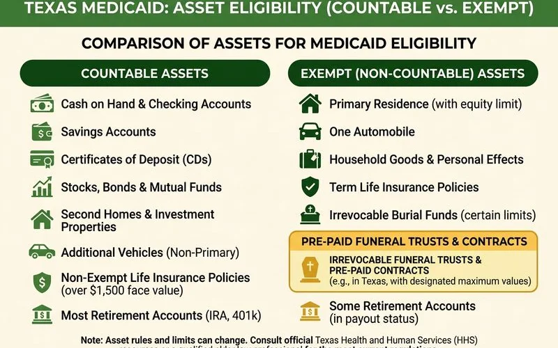 Comparison chart of countable vs. exempt assets under Texas Medicaid, with funeral trust highlighted