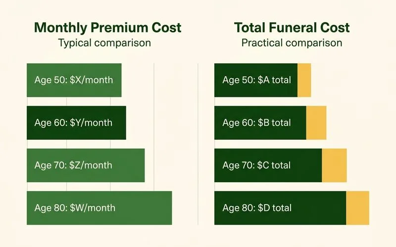 Comparison of monthly premium vs. average Central Texas funeral cost across ages 50-80