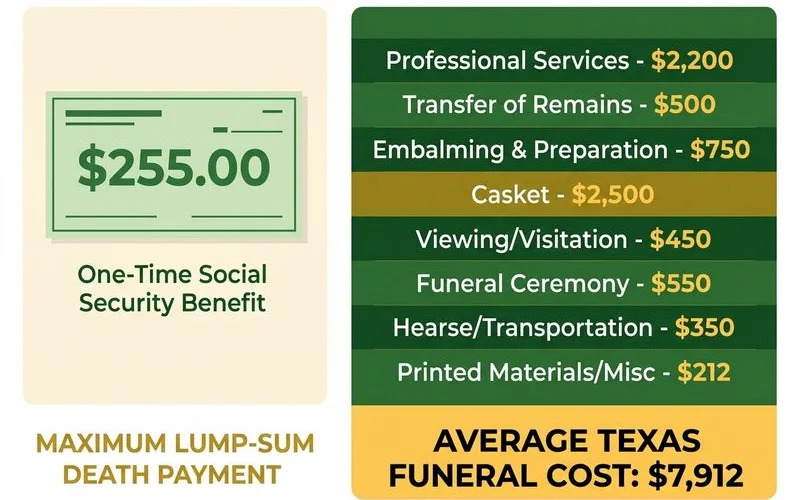 Side-by-side comparison of the $255 Social Security benefit and a $7,912 average Texas funeral cost