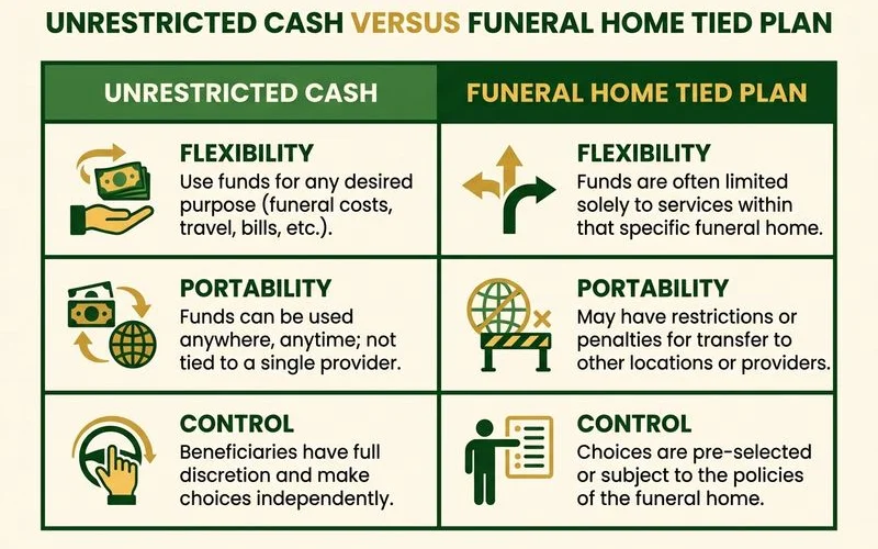 Side-by-side comparison chart of unrestricted cash vs. funeral-home-tied plan
