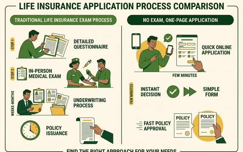 Comparison of traditional life insurance exam process vs. no-exam one-page application