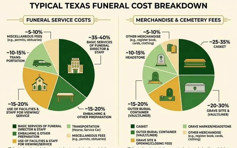 Pie chart breaking down typical Texas funeral costs by category