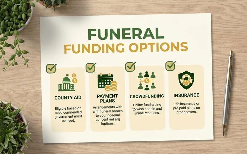 Checklist showing funeral funding options: county aid, payment plans, crowdfunding, insurance