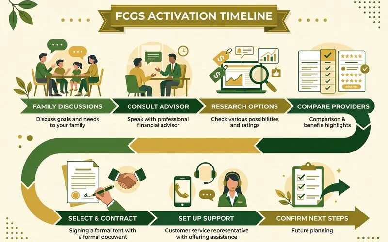 Timeline showing FCGS activation steps from family call to contract review