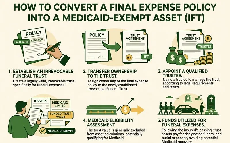 Step-by-step infographic showing how a final expense policy becomes a Medicaid-exempt asset via a funeral trust
