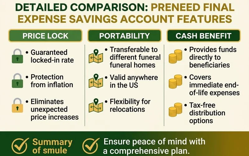 Three-column detailed comparison of preneed, final expense insurance, and savings account funding