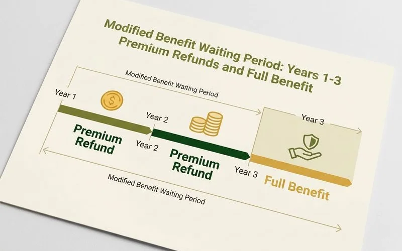 Timeline showing the modified benefit waiting period structure: refund years 1-2, full benefit year 3