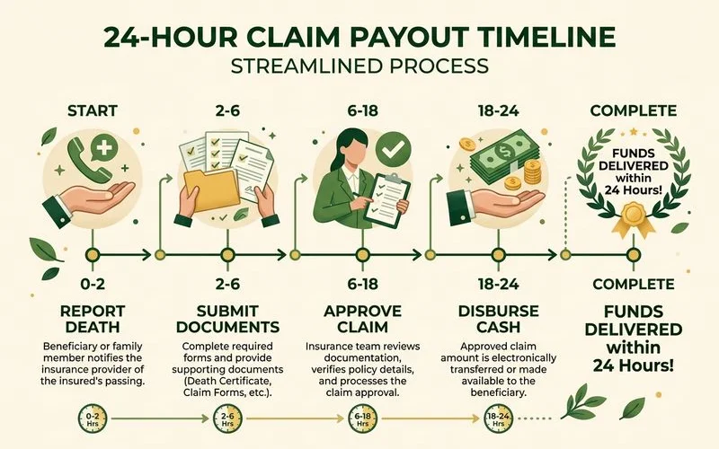 Timeline showing the 24-hour claim payout process from report of death to cash disbursement