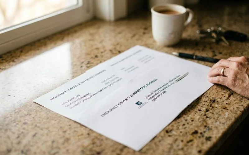 Printed emergency contact list with family and advisor phone numbers