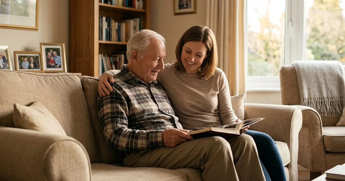 Adult daughter comforting her elderly parent at home