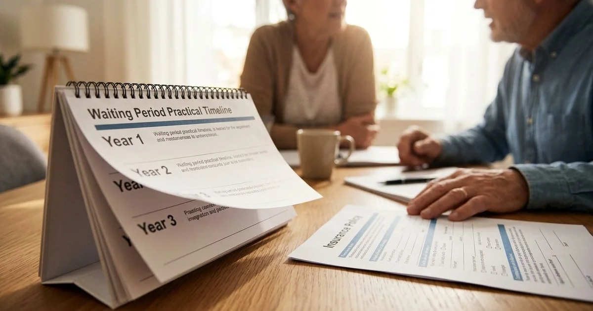 Calendar pages and policy document illustrating a 2-3 year waiting period