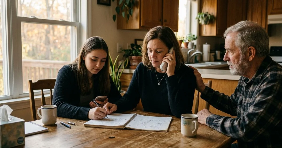 Austin family at the kitchen table making calls and taking notes in the first days after a loss