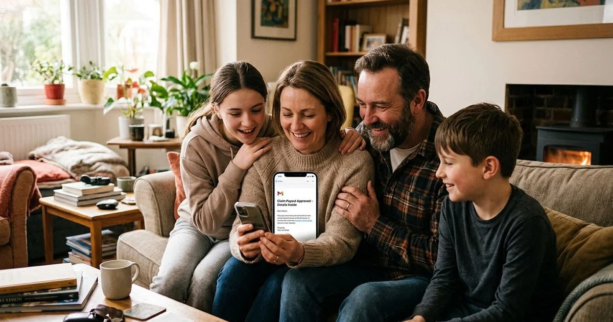 Family receiving claim payout notification at home