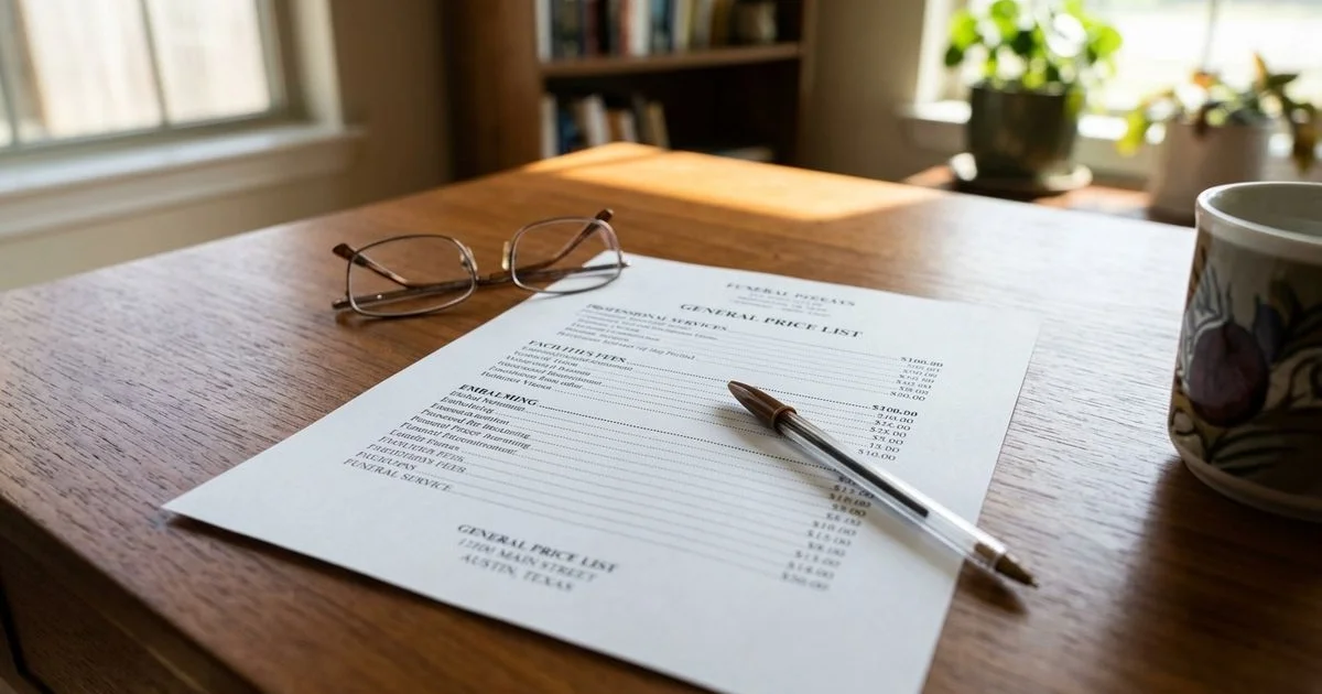 Itemized Central Texas funeral price list document with pen and reading glasses