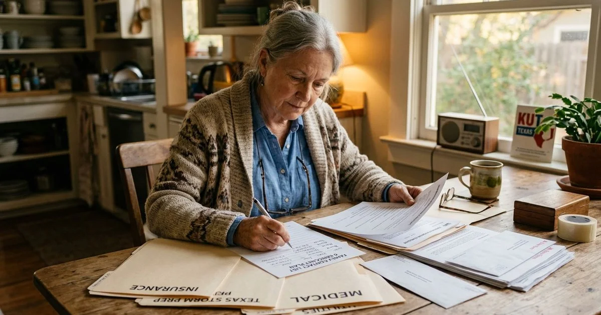 Senior organizing important documents and a family contact list at the kitchen table