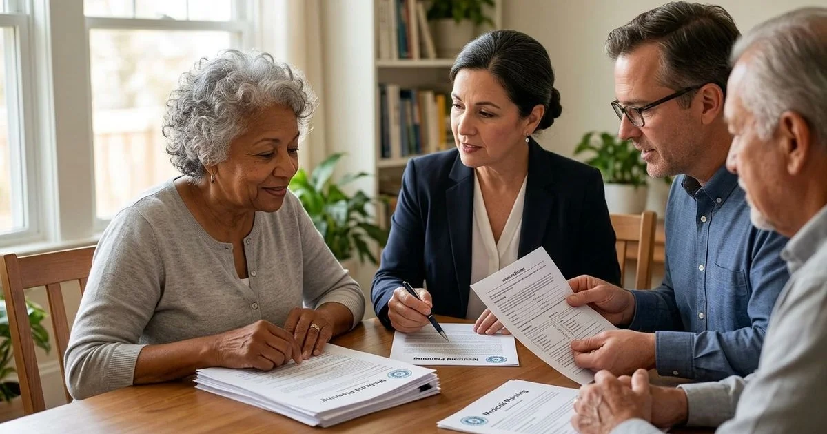 Senior reviewing Texas Medicaid planning documents with an elder-law attorney and insurance advisor