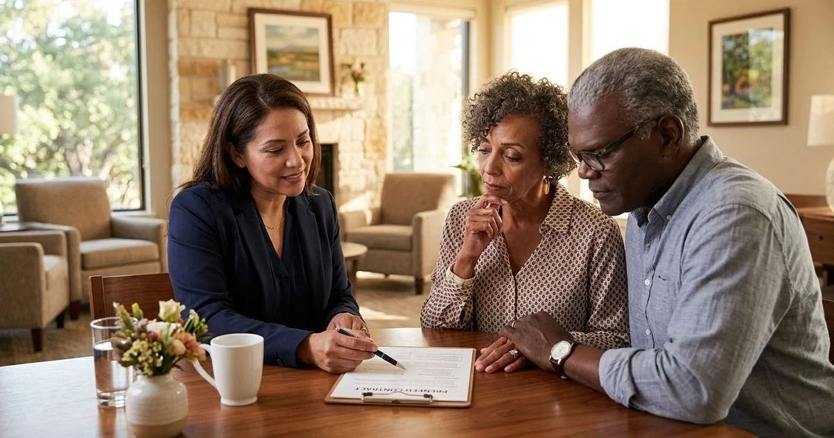 Senior couple meeting with an Austin-area funeral director to discuss preneed contract options
