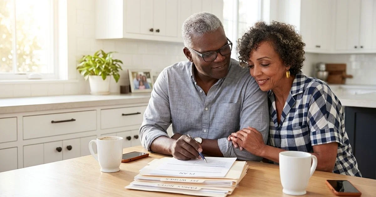 Senior couple reviewing burial insurance paperwork together at the kitchen table