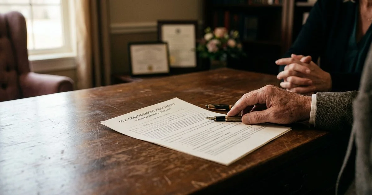 Preneed funeral contract document with pen on a funeral home desk