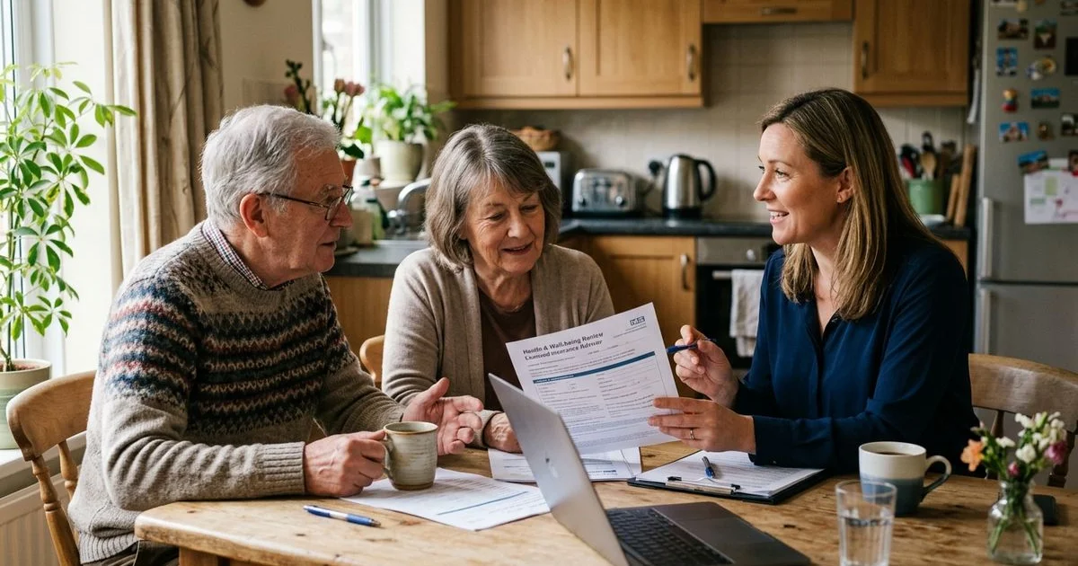 Senior couple with insurance advisor reviewing health questions on the application