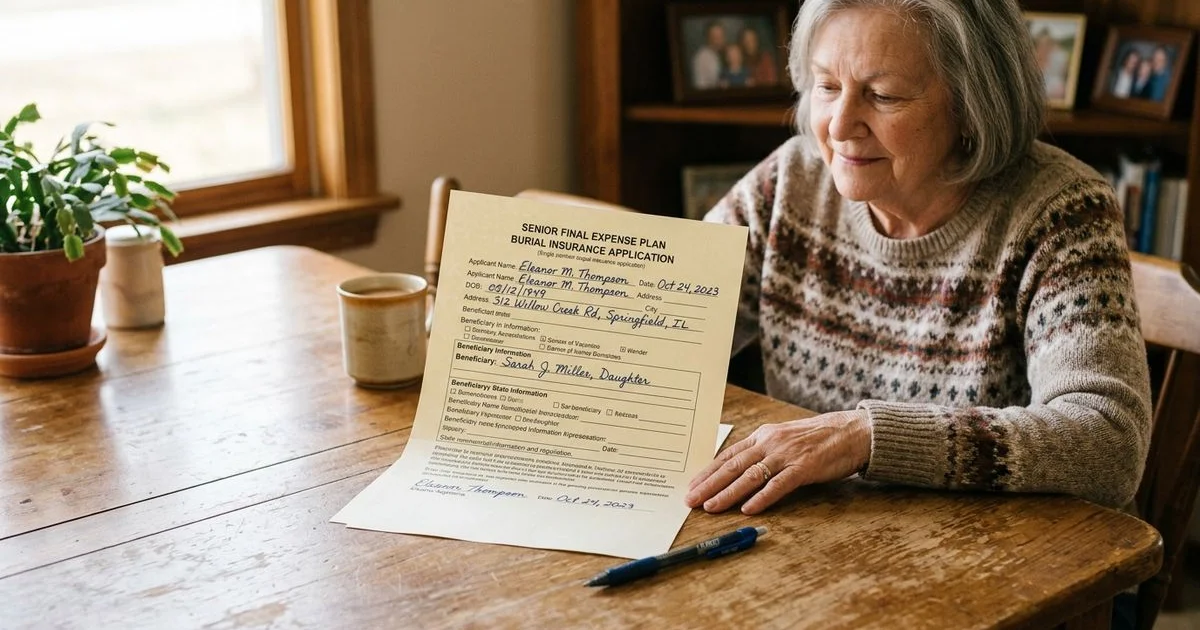 One-page burial insurance application laid out on a wooden kitchen table