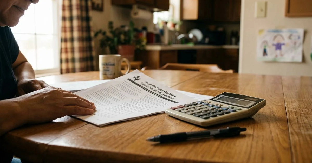Texas Medicaid eligibility document with calculator and pen for asset calculations