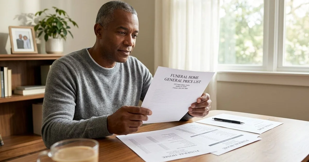 Three Austin-area funeral home General Price Lists laid out side by side for comparison