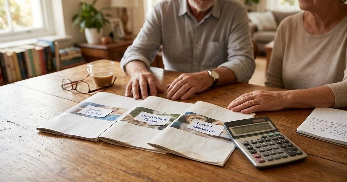 Three burial insurance plan brochures labeled level, graded, and guaranteed issue on a desk