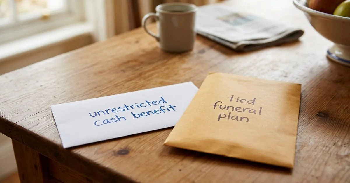 Two envelopes labeled unrestricted cash benefit and tied funeral plan on a kitchen table