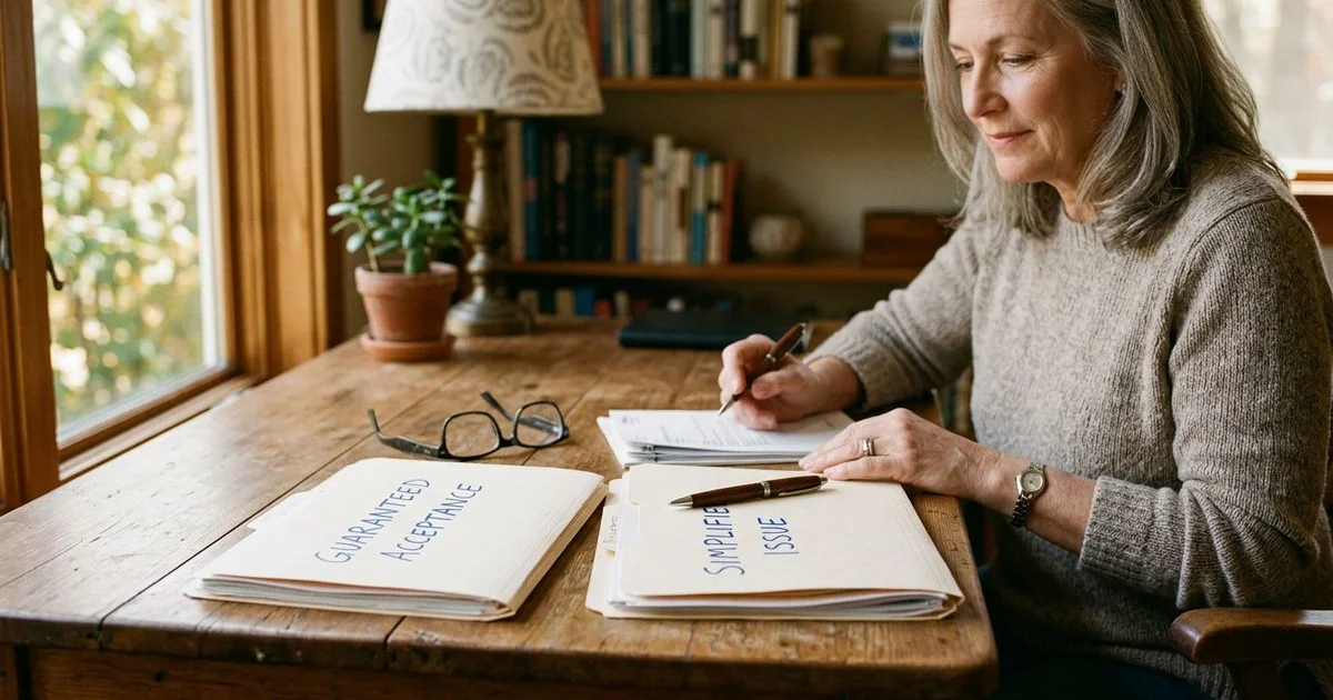 Two folders labeled guaranteed acceptance and simplified issue burial insurance on a desk