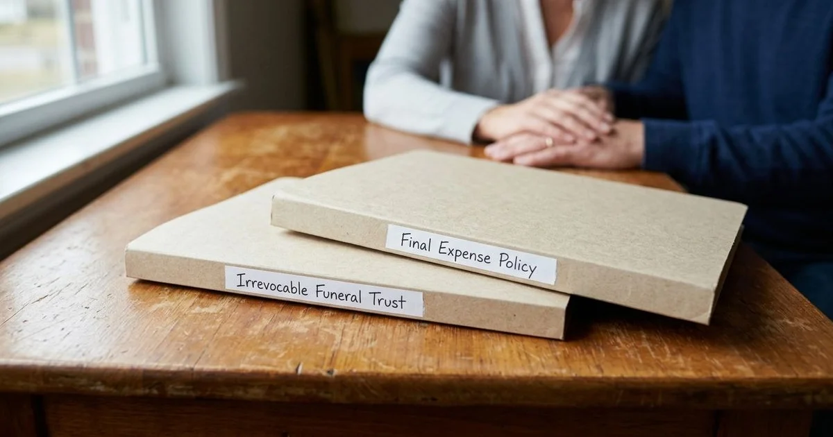 Two folders side by side labeled irrevocable funeral trust and final expense policy