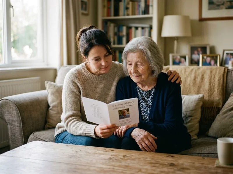 Adult daughter helping her elderly mother review memorial service options at home