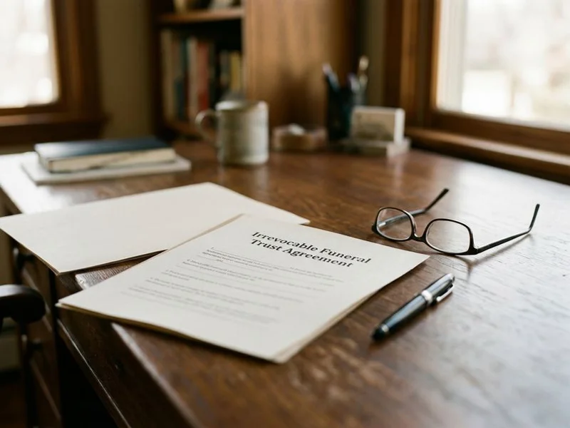 Irrevocable funeral trust document on a wooden desk