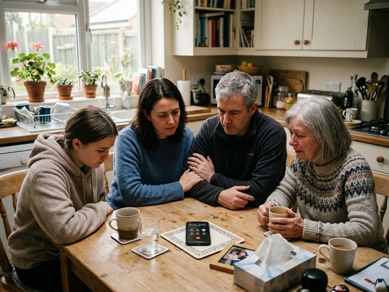 Family on a call with their Personal Funeral Advisor at the kitchen table
