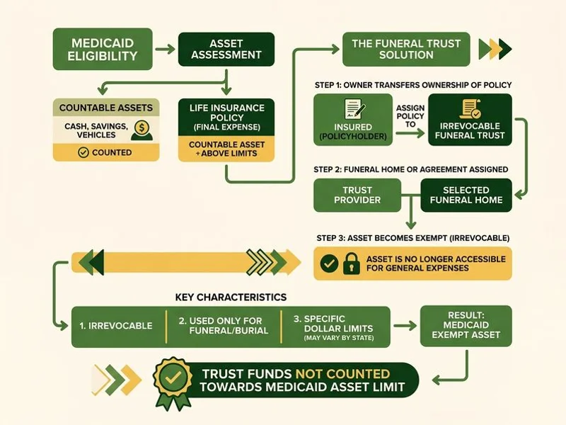 Flowchart illustrating how a final expense policy becomes a Medicaid-exempt asset via an irrevocable funeral trust