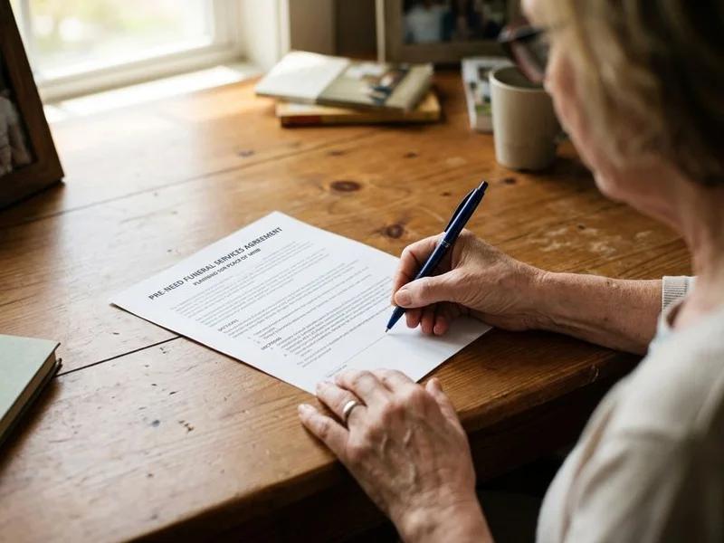 Hand reviewing a preneed funeral contract document