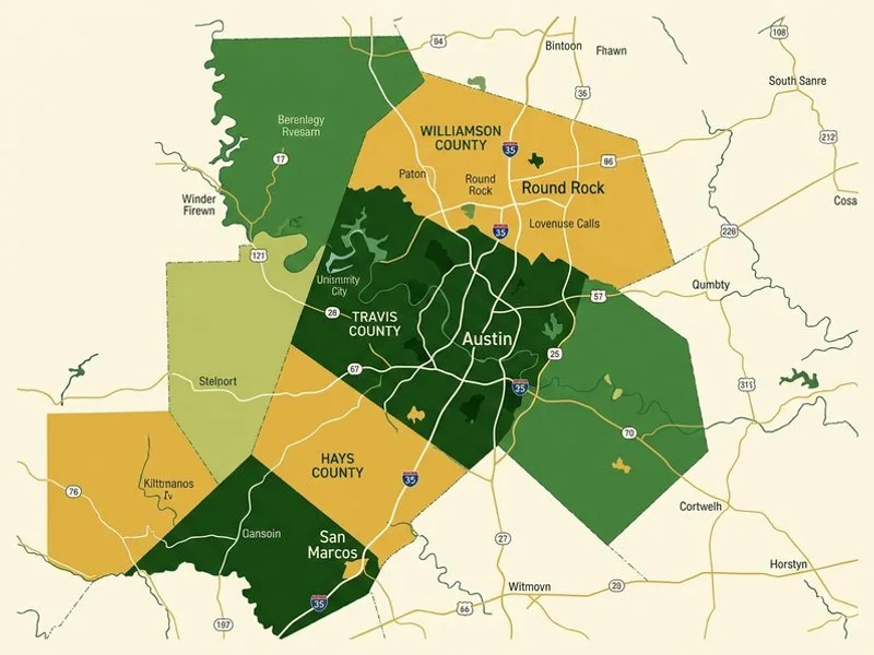 Map of Nationwide Final Expense service areas across Travis, Williamson, and Hays counties in Central Texas