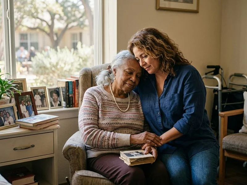 Senior in a Texas long-term care setting visited by a family member