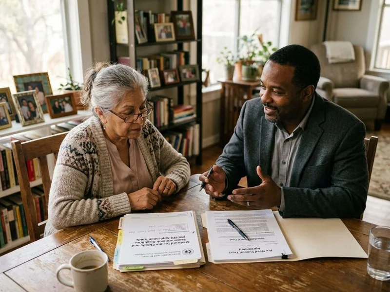 Senior reviewing Medicaid planning and funeral trust documents with an advisor